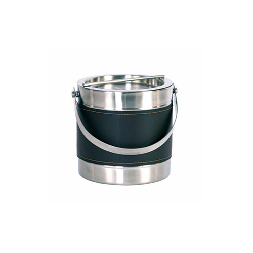3 Qt. Double Metal Wall Ice Bucket w/ Bar Lid, Handle, & Hand-Stitched Leatherette Banding - Brushed Steel Room Collection