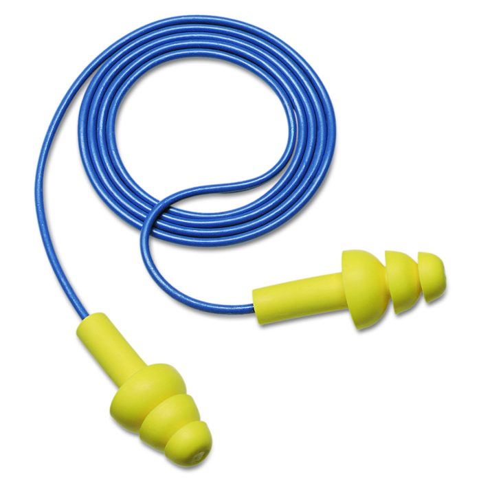 65595 E-A-RUltraFit Reusable Earplugs, Corded, 25 dB NRR, One Size Fits Most, Yellow 3-Flange Plugs, 100 Pairs/Box - Image 1