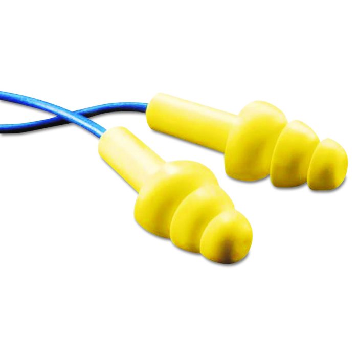 160450 E-A-RUltraFit Reusable Earplugs, Corded, Metal Detectable, 25 dB NRR, One Size Fits Most, Yellow 3-Flange Plugs, 100/Box - Image 1