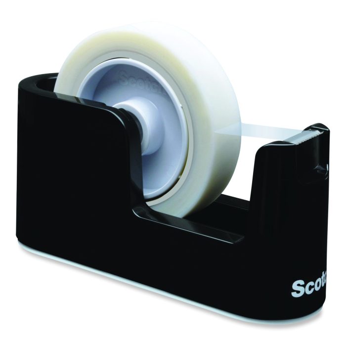 830904 Heavy Duty Weighted Desktop Tape Dispenser with One Roll of Tape, 3" Core, ABS, Black - Image 1