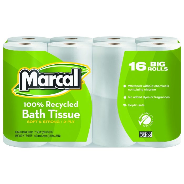 243318 100% Recycled Two-Ply Bath Tissue, Septic Safe, White, 168 Sheets/Roll, 16 Rolls/Pack - Image 1