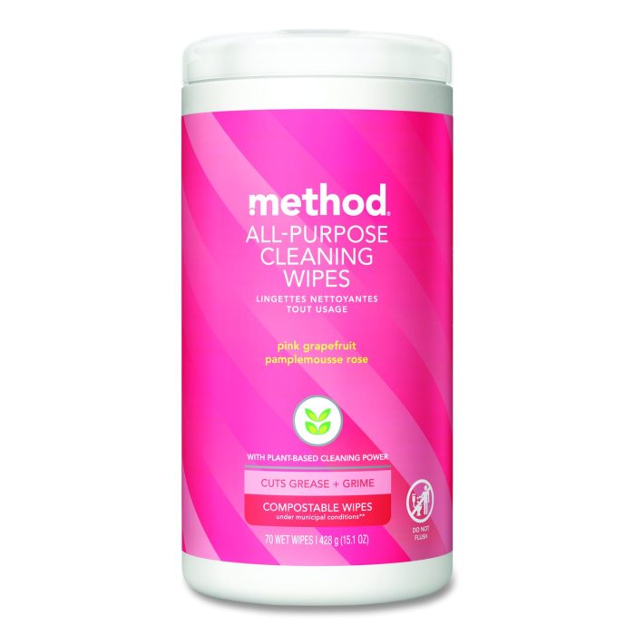 889117 All Purpose Cleaning Wipes, 1 Ply, Pink Grapefruit, White, 70/Canister, 6/Carton - Image 1
