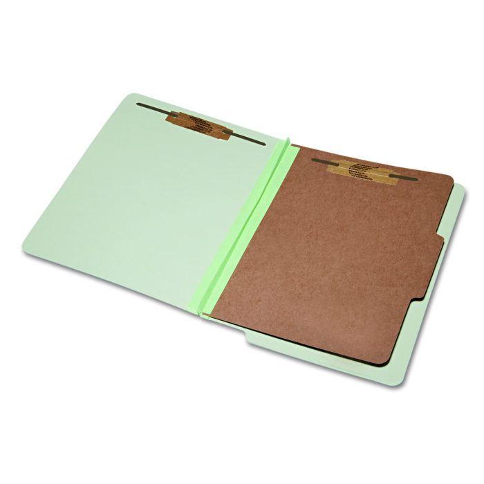 124947 7530015907106, SKILCRAFT End Tab Classification Folders, Expands 2", 1 Divider, 4 Fasteners, Letter Size, Light Green, 10/Box - Image 1