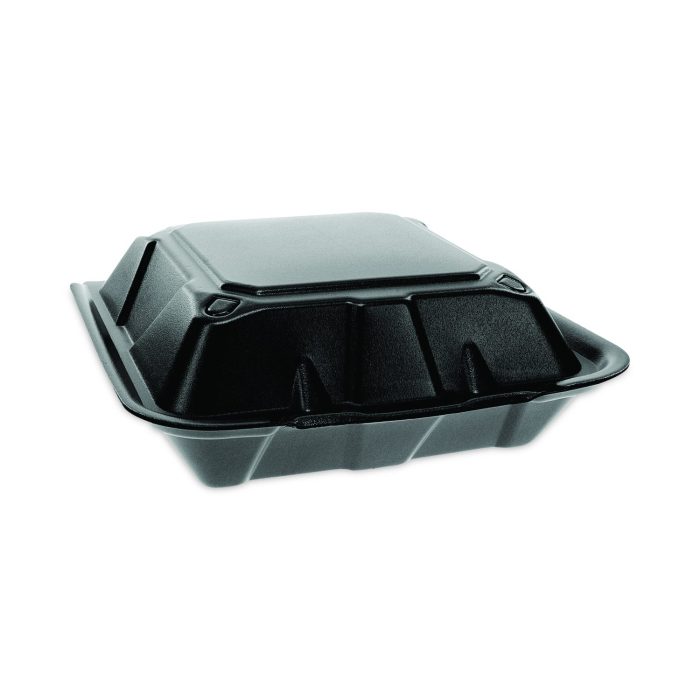 785210 Vented Foam Hinged Lid Container, Dual Tab Lock, 9.1 x 9 x 3.3, Black, 150/Carton - Image 1