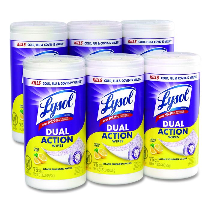 15172655 Dual Action Disinfecting Wipes, 1-Ply, 7 x 7.25, Citrus, White/Purple, 75/Canister, 6 Canisters/Carton - Image 1
