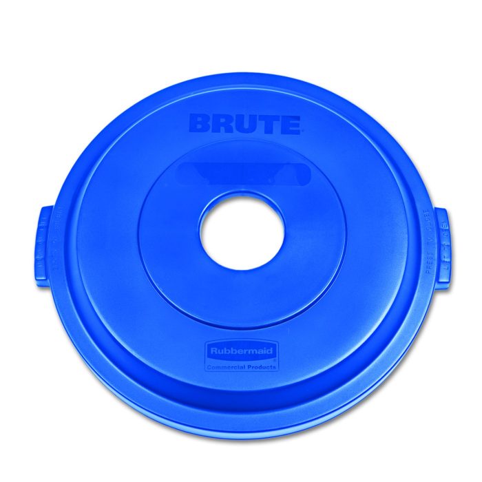 123988 Bottle/Can Recycling Top for BRUTE 32 gal Containers, Round Openings, 9.8w x 22.9d x 22.3h, Blue - Image 1
