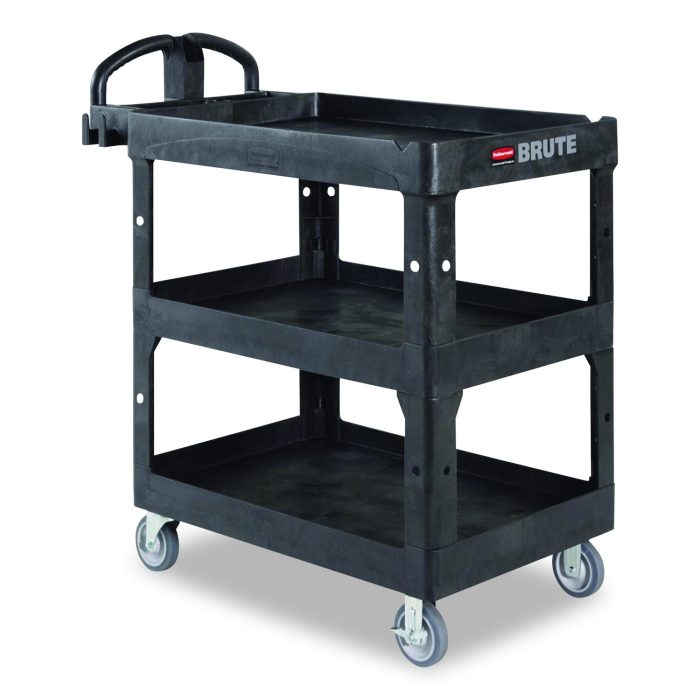 15123373 BRUTE 3-Shelf Heavy-Duty Ergo Lipped Utility Cart, Resin, 3 Shelves, 600 lb Capacity, 25.24" x 44" x 47", Black - Image 1