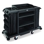 Full Size Housekeeping Cart with Accessory Bundle, Resin, 3 Shelves, 2 Bins, 24.4 x 62.4 x 49, Black
