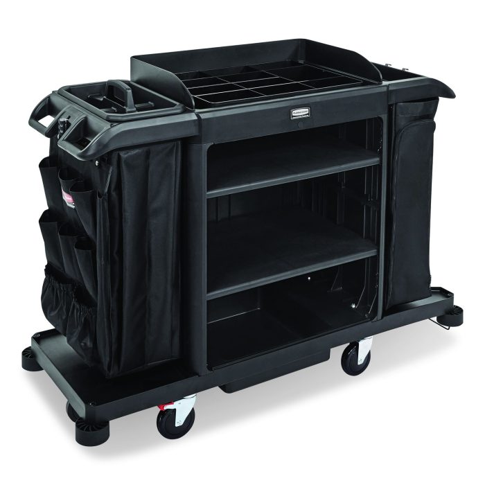 15138595 Full Size Housekeeping Cart with Accessory Bundle, Resin, 3 Shelves, 2 Bins, 24.4 x 62.4 x 49, Black - Image 1