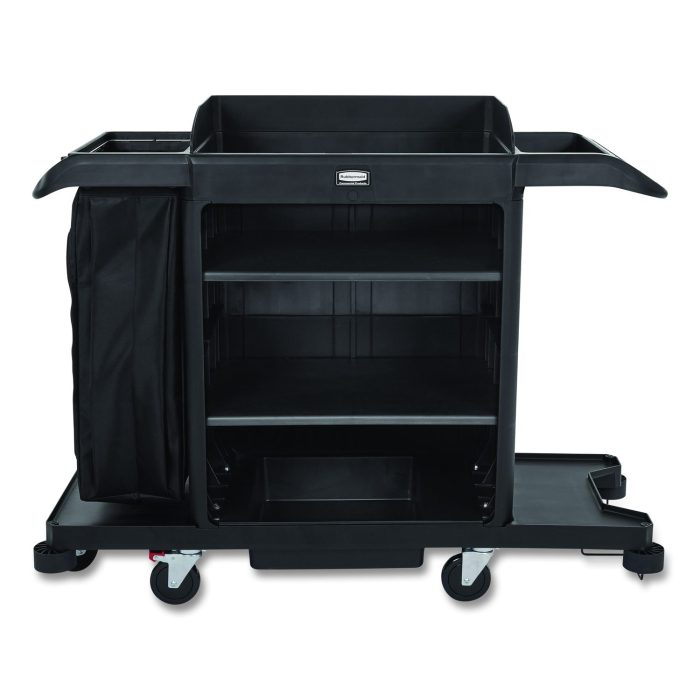 15105374 Full-Size Housekeeping Cart, Plastic, 3 Shelves, 1 Bin, 24.4 x 62.4 x 49, Black - Image 1