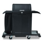 Housekeeping Cart with Hood and Doors, Plastic, 4 Shelves,1 Bin, 24.4 x 62.4 x 56.9, Black