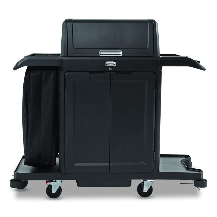 15110646 Housekeeping Cart with Hood and Doors, Plastic, 4 Shelves,1 Bin, 24.4 x 62.4 x 56.9, Black - Image 1