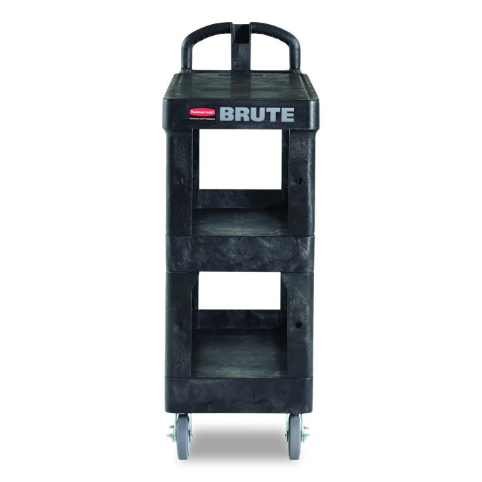 906412 BRUTE 3-Shelf Heavy-Duty Ergo Flat Utility Cart, Plastic, 3 Shelves, 600 lb Capacity, 25.24" x 48.63" x 46.18", Black - Image 1