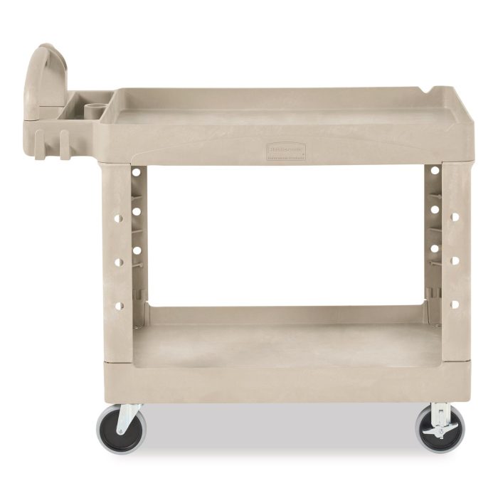 873525 BRUTE Heavy-Duty Utility Cart with Lipped Shelves, Plastic, 2 Shelves, 500 lb Capacity, 25.9" x 45.2" x 32.2", Beige - Image 1