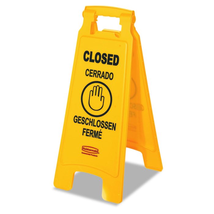 187362 Multilingual "Closed" Sign, 2-Sided, 11 x 12 x 25, Bright Yellow - Image 1