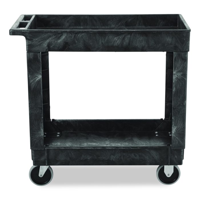15044218 Heavy-Duty Flat-Handle Maintenance/Utility Cart, Plastic, 2 Shelves, 500 lb Capacity, 34.13" x 17.38" x 32.38", Black - Image 1