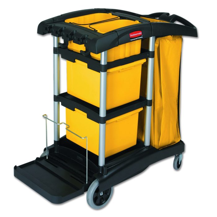 187457 HYGEN Microfiber Healthcare Cleaning Cart, Plastic, 3 Shelves, 5 Bins, 22" x 48.25" x 44", Yellow/Black/Silver - Image 1