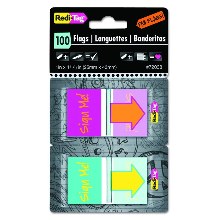 183389 Pop-Up Fab Page Flags W/dispenser, "sign Me!", Red/orange, Teal/yellow, 100/pack - Image 1