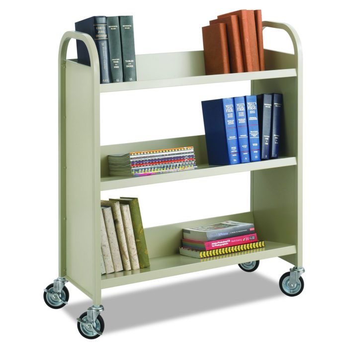 156177 Steel Single-Sided Book Cart, Metal, 3 Shelves, 300 lb Capacity, 36" x 14.5" x 43.5", Sand - Image 1