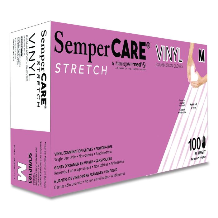893535 Stretch Vinyl Examination Gloves, Powder-Free, Medium, 5 mil Thick, 9.45" Long, Cream, 100/Box - Image 1