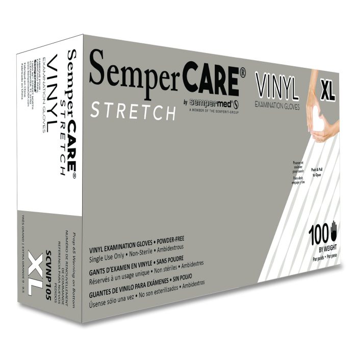 893611 Stretch Vinyl Examination Gloves, Powder-Free, X-Large, 5 mil Thick, 9.45" Long, Cream, 100/Box, 10 Boxes/Carton - Image 1