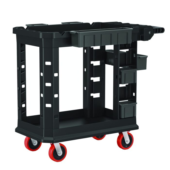 15036139 Heavy Duty Plus Utility Cart, Plastic, 2 Shelves, 6 Bins, 500 lb Capacity, 19.5" x 41.78" x 34.81", Black - Image 1