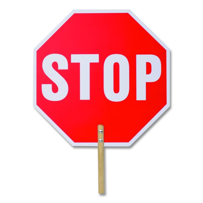 876059 Handheld Stop Sign, 18" Red/White Face, White Graphics - Image 1
