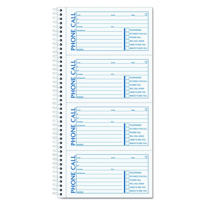235197 Spiralbound Message Book, Two-Part Carbonless, 5 x 2.75, 4 Forms/Sheet, 200 Forms Total - Image 1
