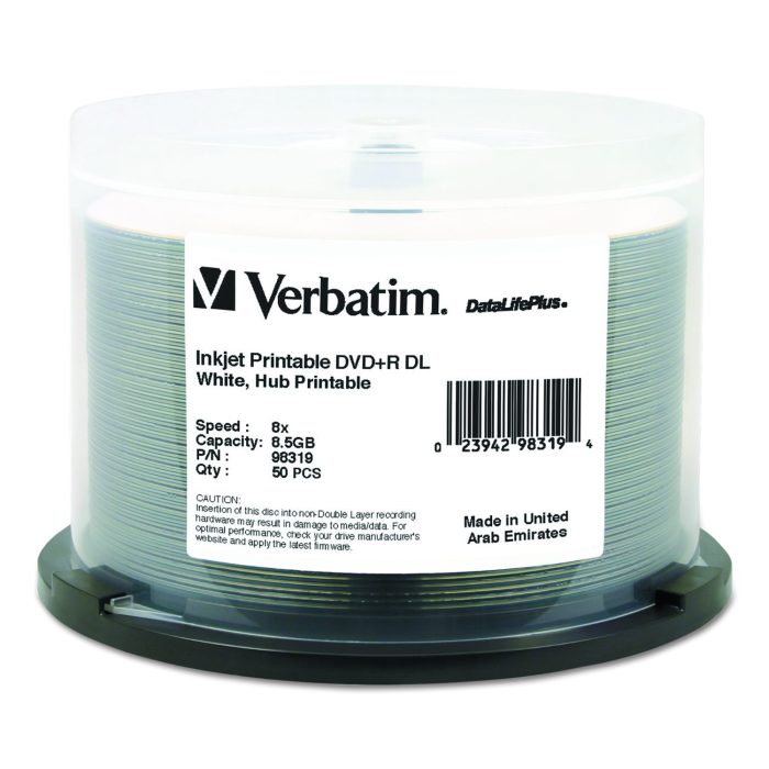 233547 Dvd+r Dual Layer Printable Recordable Disc, 8.5 Gb, 8x, Spindle, White, 50/pack - Image 1