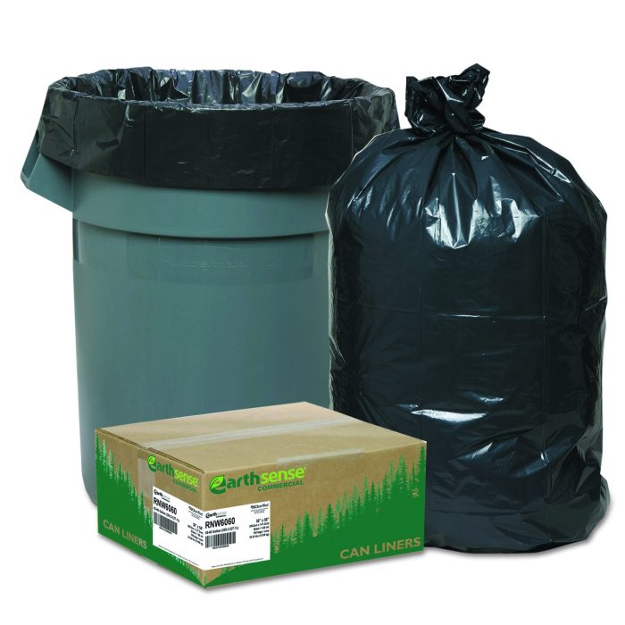 206153 Linear Low Density Recycled Can Liners, 60 Gallon, 1.65 mil, 38" x 58", Black, 10 Bags/Roll, 10 Rolls/Carton - Image 1