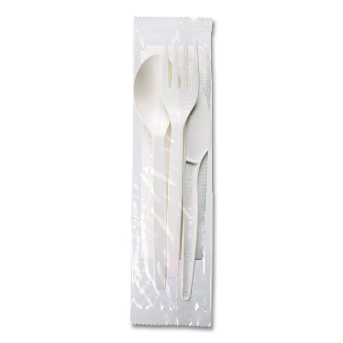 890988 EcoSense Renewable PSM Wrapped Cutlery Kit, Fork/Knife/Napkin/Spoon, Plastic, White, 250/Carton - Image 1