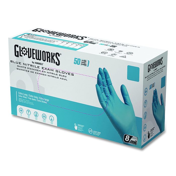 904935 Blue Nitrile Exam Gloves, Powder-Free, X-Large, 8 mil Thick, 11.6" Long, Blue, 50/Box, 10 Boxes/Carton - Image 1
