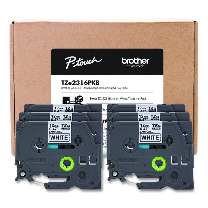 893083 TZe Series Standard Adhesive Laminated Labeling Tape, 0.5", Black on White, 6/Pack - Image 1