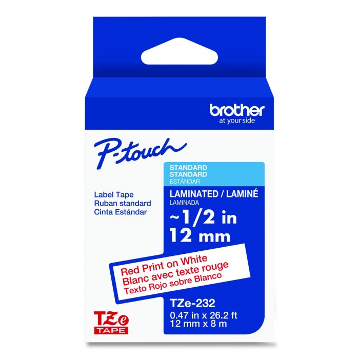 15116941 Tze Standard Adhesive Laminated Labeling Tape, 0.47" X 26.2 Ft, Red On White - Image 1