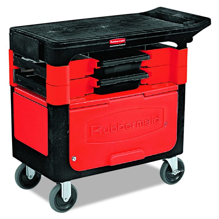 143772 Trades Cart with Locking Storage Area, Plastic, 2 Shelves, 2 Drawers, 330 lb Capacity, 19.25" x 38" x 33.38", Black - Image 1