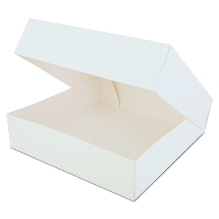 217119 White Window Bakery Boxes with Attached Flip Top, 4-Corner Beers Design, 10 x 10 x 2.5, White, Paper, 200/Carton - Image 1