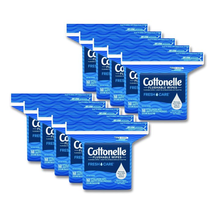15182417 Fresh Care Flushable Cleansing Cloths, 1-Ply, 5 x 7.25, White, 168/Pack, 8 Packs/Carton - Image 1