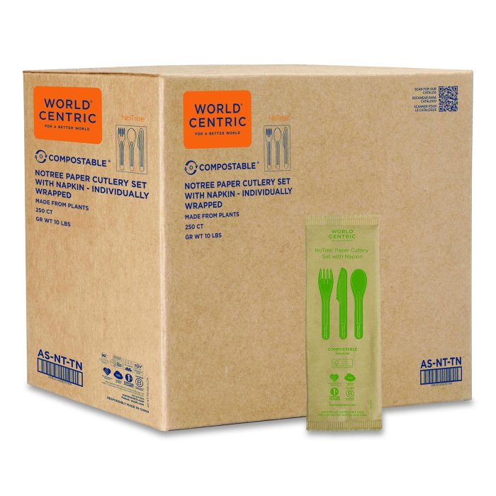 15181126 NoTree Cutlery, Light Mediumweight, Fork/Knife/Spoon/Napkin, Paper, Natural, 250/Carton - Image 1