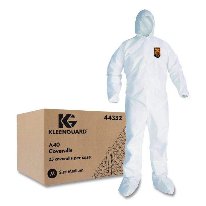 15131255 KleenGuard A40 Coveralls, Elastic Wrists, Ankles, Back, Hood and Non-Skid Boots, Medium, White, 25/Carton - Image 1