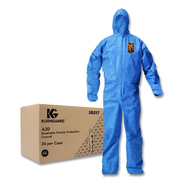 888616 A20 Breathable Particle Protection Coveralls, Zip Front, Hood, Elastic Back, Wrists, Ankles, 4X-Large, Blue, 20/Carton - Image 1