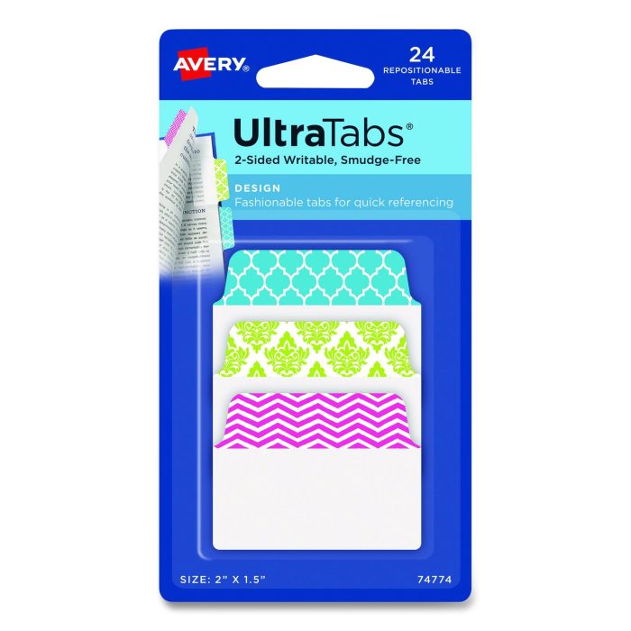 15062617 Ultra Tabs Repositionable Tabs, Fashion Patterns: 2" x 1.5", 1/5-Cut, Assorted Colors, 24/Pack - Image 1