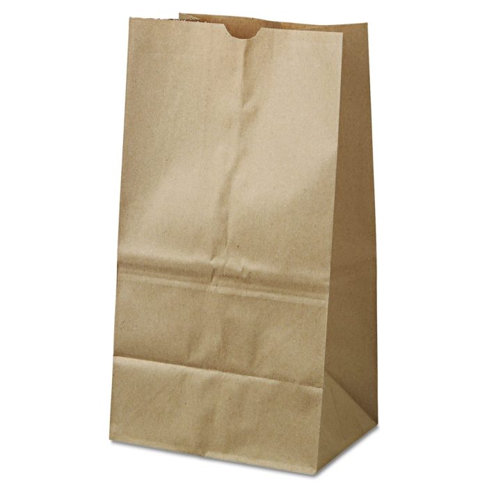 147795 Grocery Paper Bags, 25# Squat Size, 40# Basis Weight, 8.25" x 5.25" x 16.13", Kraft, 500/Bundle - Image 1
