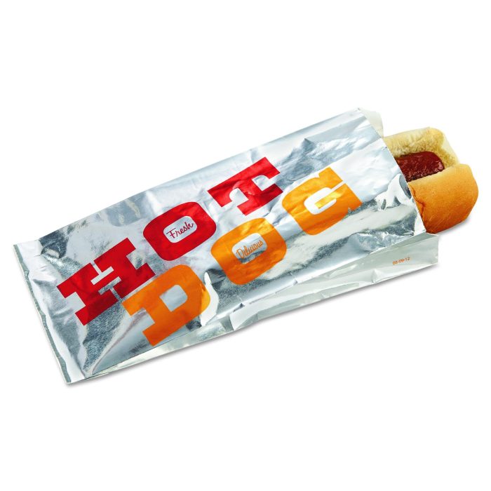 170778 Foil Single-Serve Bags, Hot Dog Labeling, 3.5" x 1.5" x 8.5", Silver/Red/Orange, 1,000/Carton - Image 1