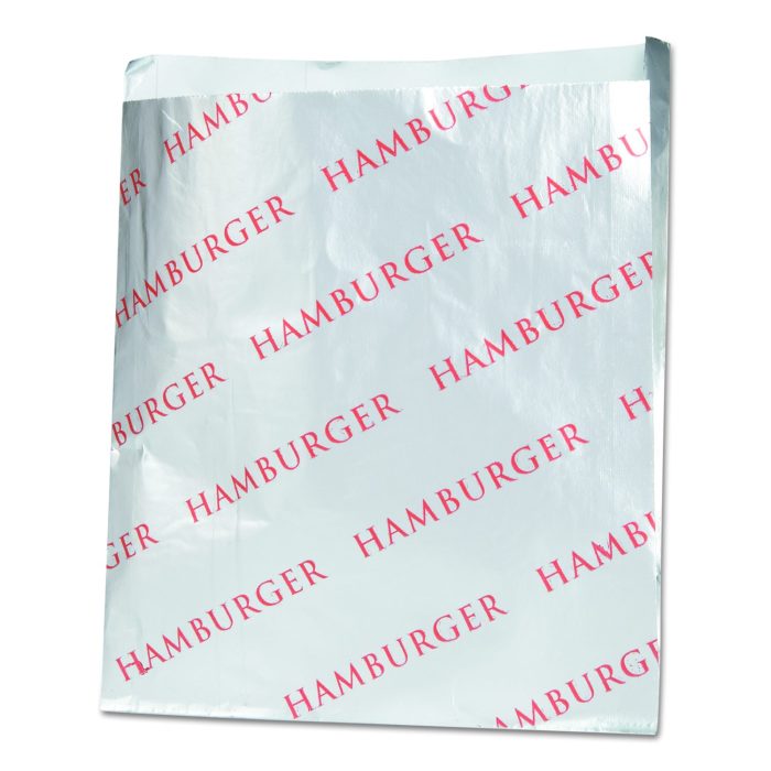 207450 Foil Single-Serve Bags, Hamburger Labeling, 6" x 0.75" x 6.5", Silver/Red, 1,000/Carton - Image 1