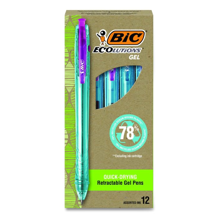 15005746 Ecolutions Gel Pen, Retractable, Medium 1 mm, Assorted Ink Colors, Blue Barrel, 12/Pack - Image 1