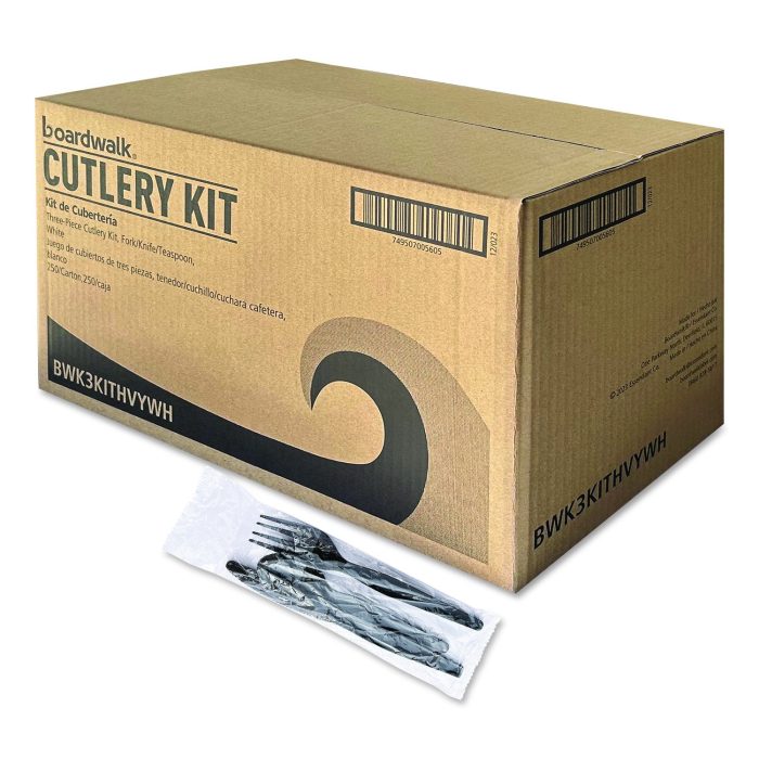 15169226 Three-Piece Polystyrene Cutlery Kit, Heavyweight, Fork/Knife/Spoon, Plastic, Black, 250/Carton - Image 1