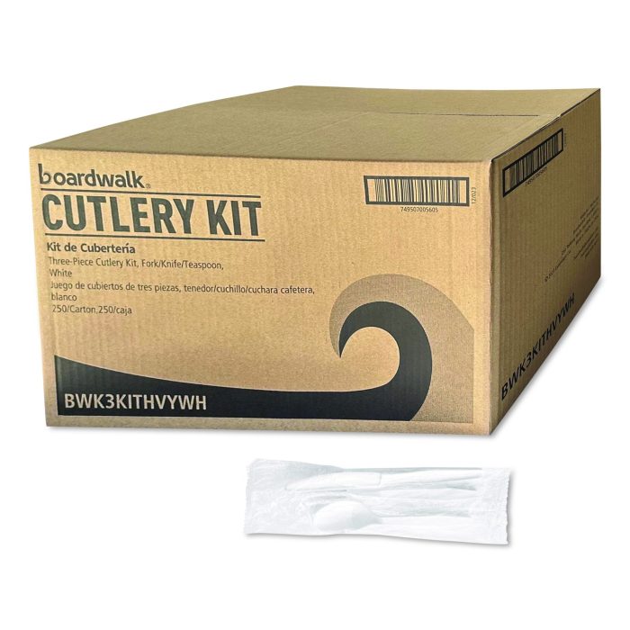 15169206 Three-Piece Polystyrene Cutlery Kit, Heavyweight, Fork/Knife/Spoon, Plastic, White, 250/Carton - Image 1