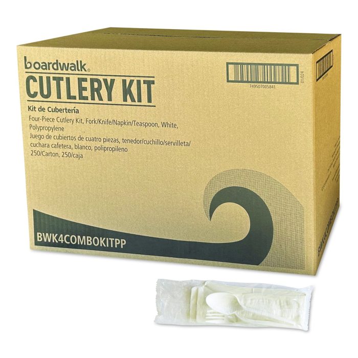 15169203 Four-Piece Polypropylene Cutlery Kit, Mediumweight, Fork/Knife/Napkin/Spoon, Plastic, White, 250/Carton - Image 1