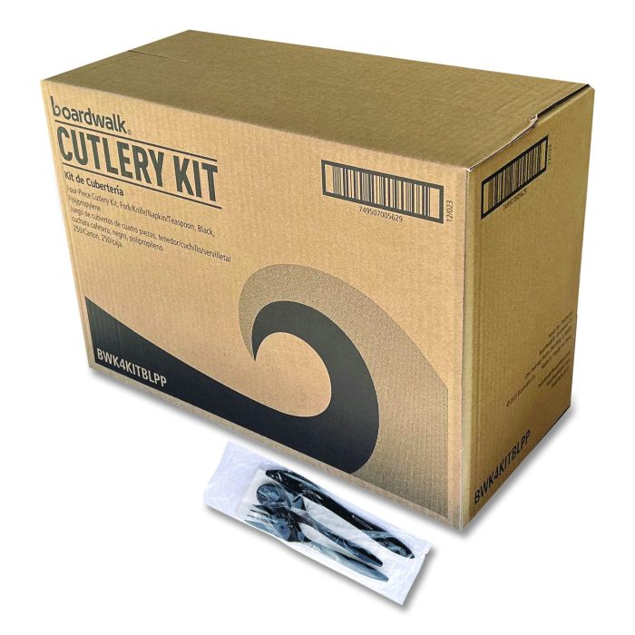 15169242 Four-Piece Cutlery Kit, Mediumweight, Fork/Knife/Napkin/Spoon, Plastic, 6.38", Black, 250/Carton - Image 1