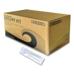 Four-Piece Polystyrene Cutlery Kit, Mediumweight, Fork/Knife/Napkin/Spoon, Plastic, White, 250/Carton